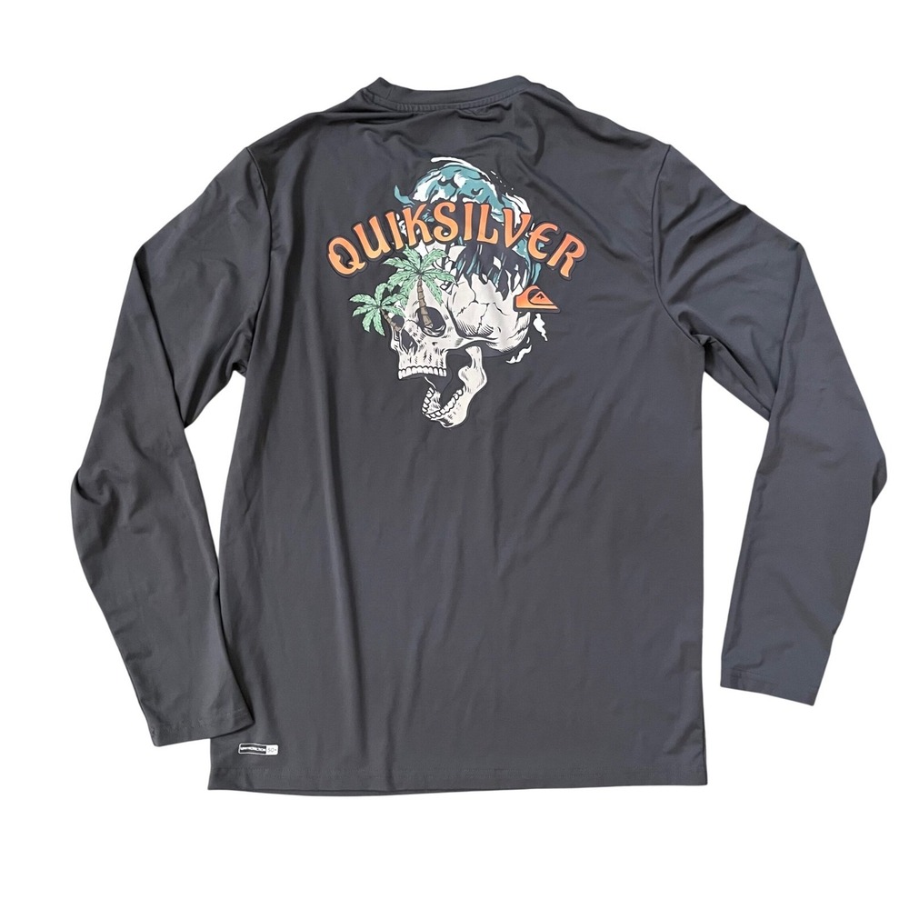 Quiksilver Long Sleeve Rash Guard Sun Shirt Skull Palm Tree Graphic Grey Small